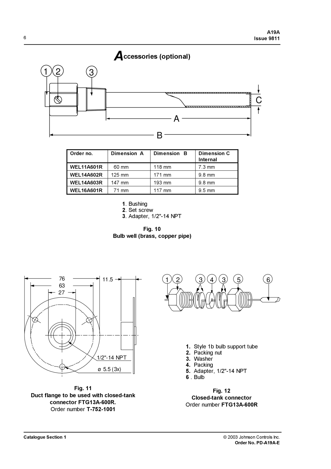 Johnson Controls A19D, A19B, A19A manual Accessories optional 