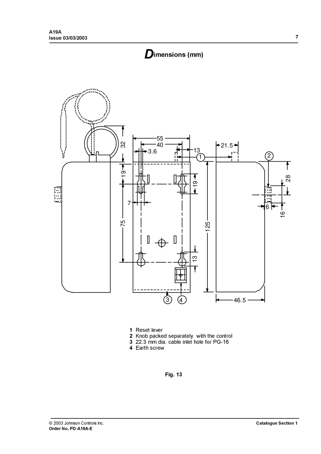 Johnson Controls A19B, A19D, A19A manual Dimensions mm, 46.5 