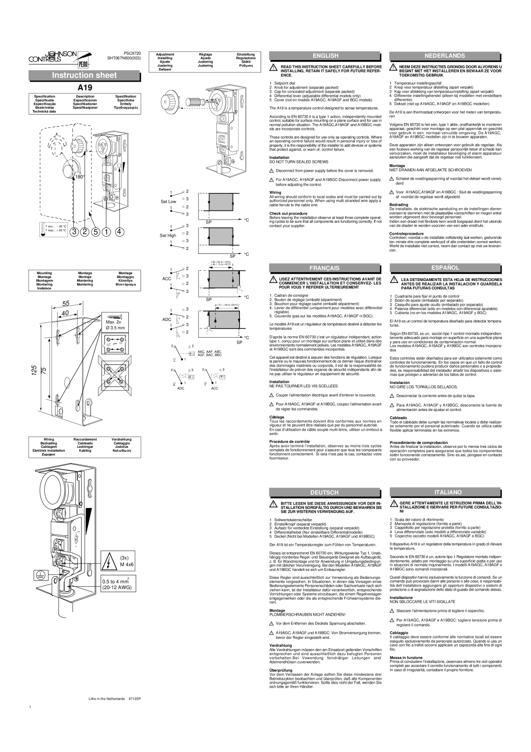 Johnson Controls A19D, A19B, A19A manual Instruction sheet 