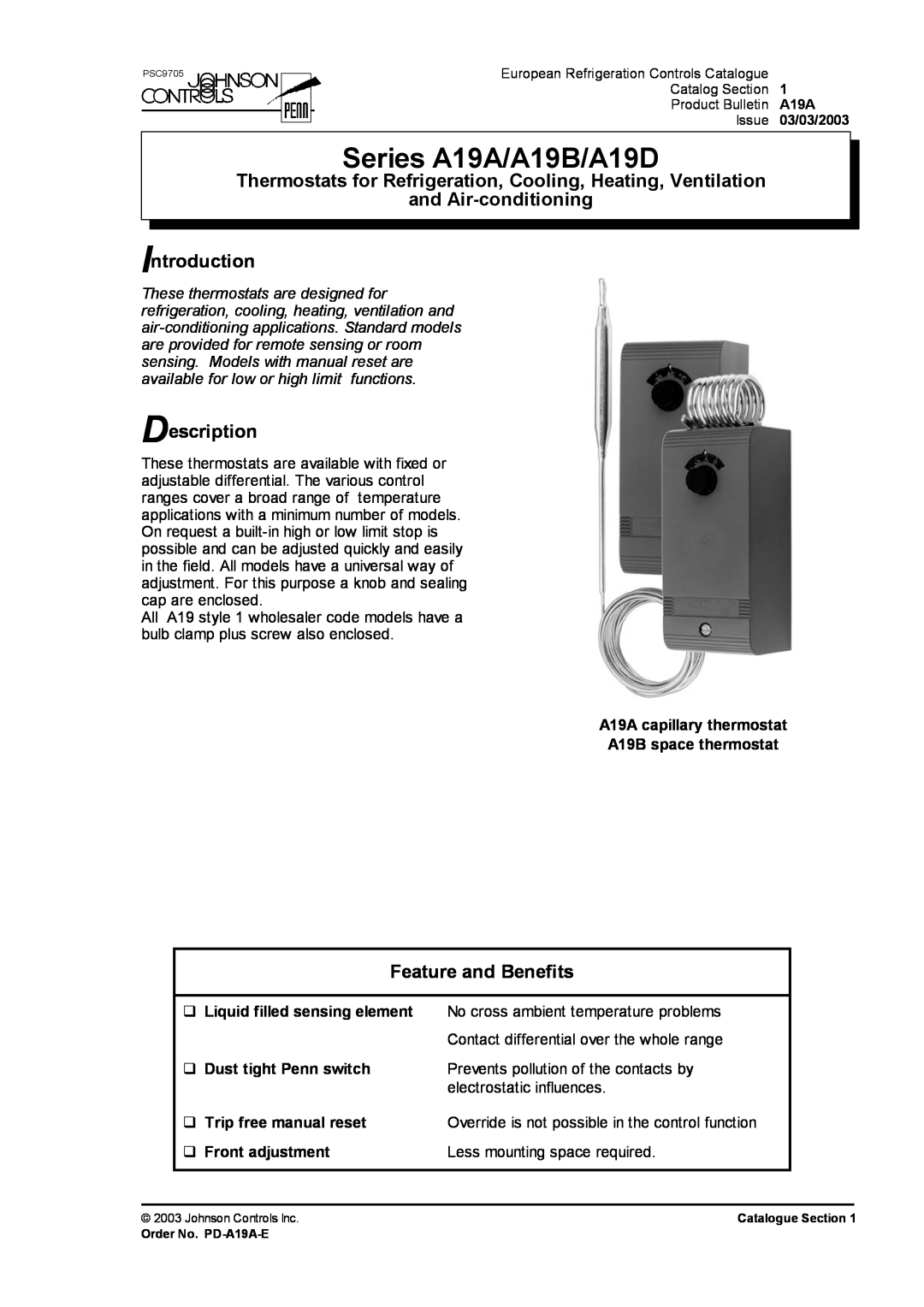 Johnson Controls manual and Air-conditioning Introduction, Description, Feature and Benefits, Series A19A/A19B/A19D 