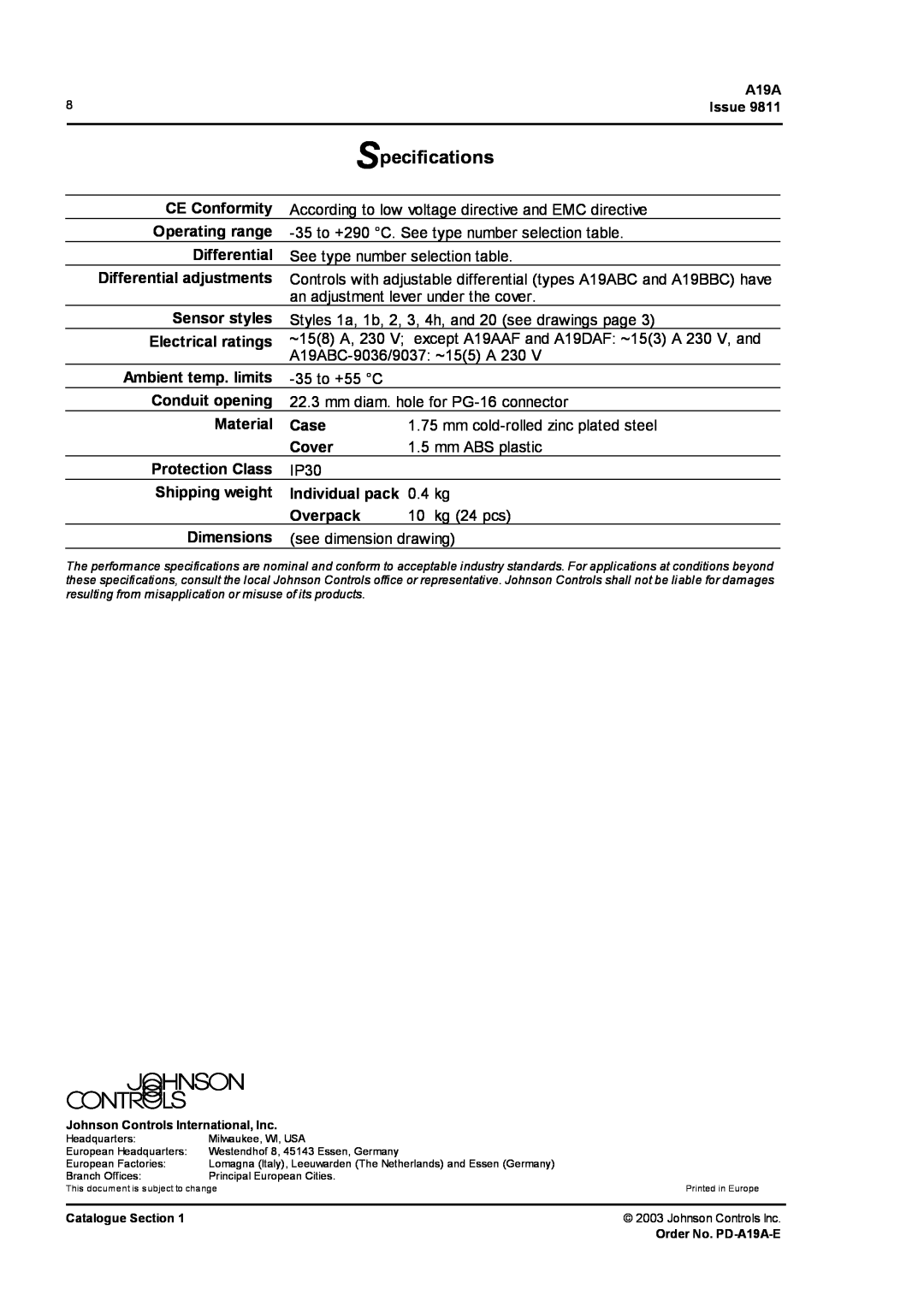Johnson Controls A19A, A19D, A19B manual Specifications 