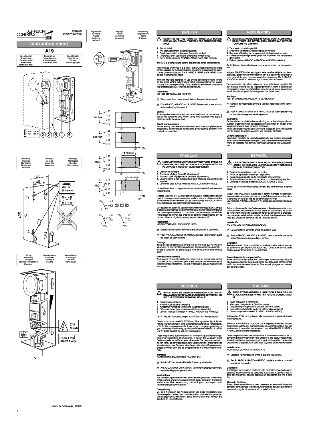 Johnson Controls A19D, A19B, A19A manual Instruction sheet, English, Nederlands, Français, Español, Deutsch, Italiano, 3x M 