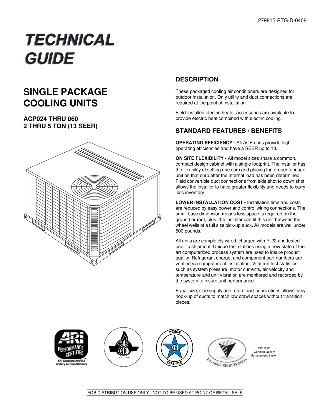 Johnson Controls ACPU024 THRU 060 manual Description, Standard Features / Benefits 