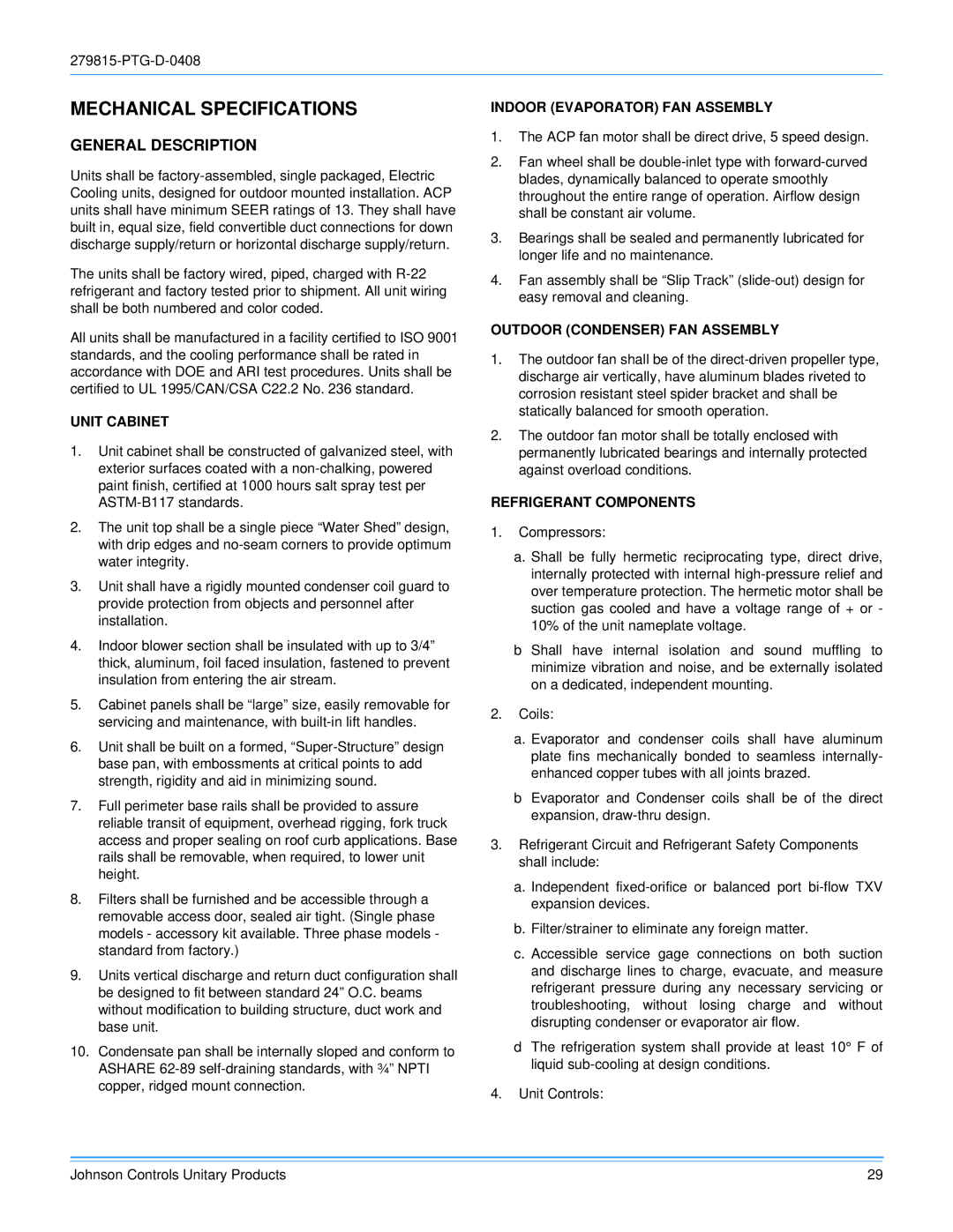 Johnson Controls ACPU024 THRU 060 manual Mechanical Specifications, Unit Cabinet, Indoor Evaporator FAN Assembly 