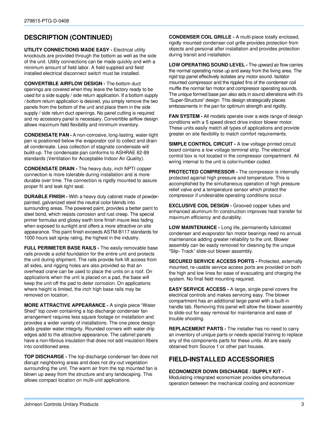 Johnson Controls ACPU024 THRU 060 manual FIELD-INSTALLED Accessories 