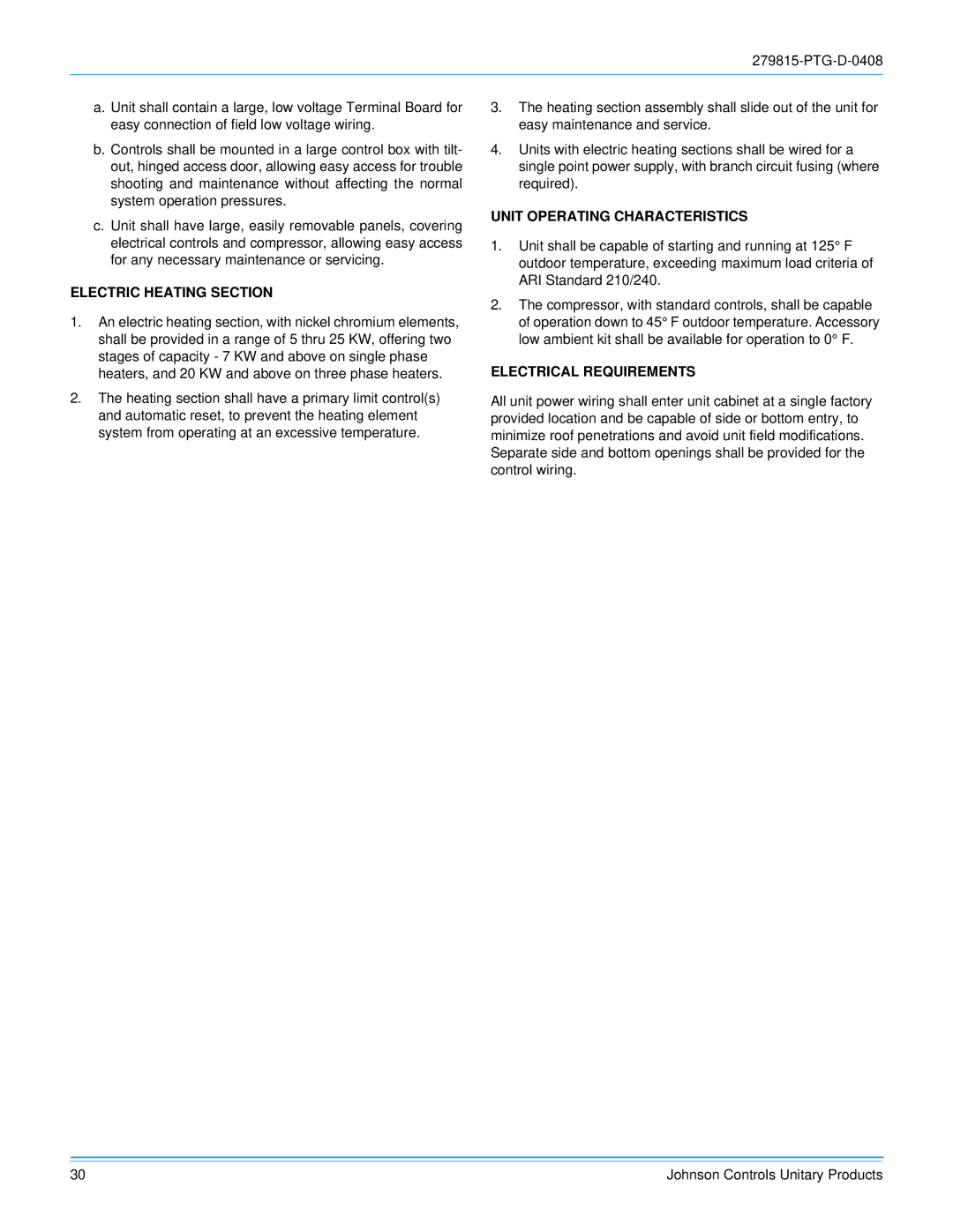 Johnson Controls ACPU024 THRU 060 manual Electric Heating Section, Unit Operating Characteristics, Electrical Requirements 