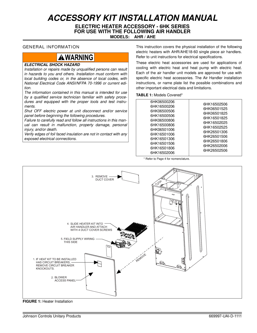 Johnson Controls installation manual Accessory KIT Installation Manual, Models AHR / AHE General Information 