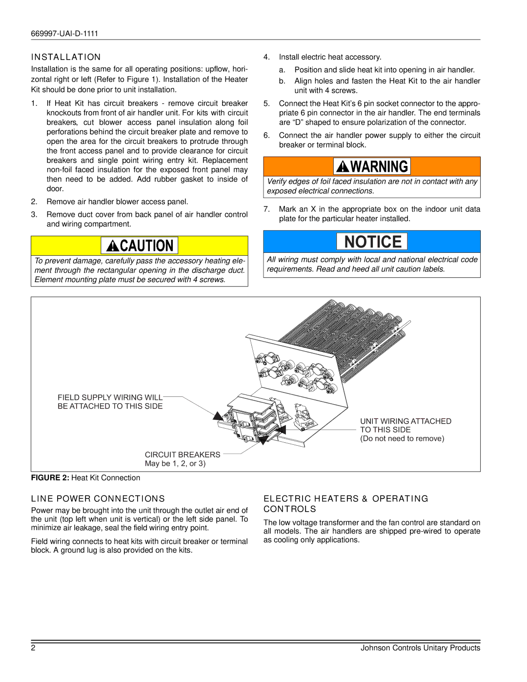 Johnson Controls AHE, AHR installation manual Installation, Line Power Connections, Electric Heaters & Operating Controls 