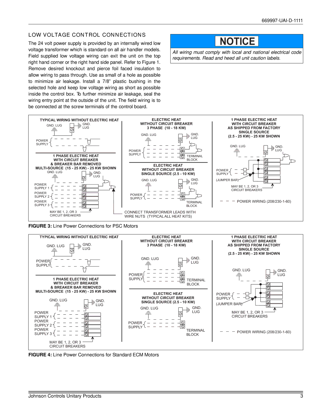 Johnson Controls AHR, AHE installation manual LOW Voltage Control Connections, Line Power Connections for PSC Motors 