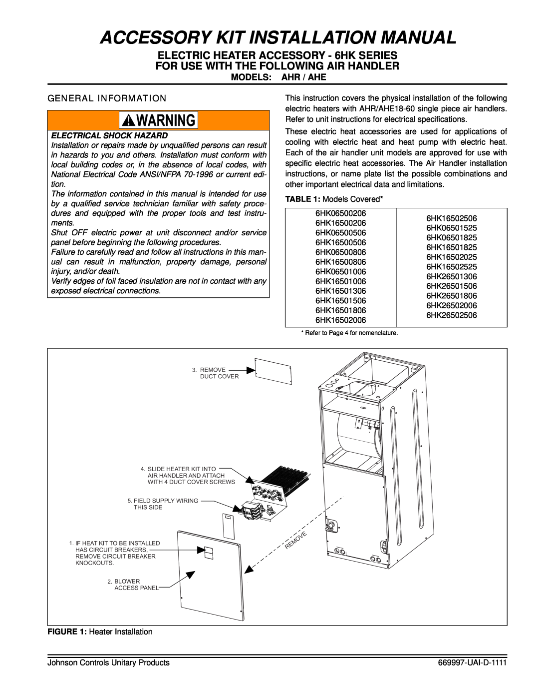 Johnson Controls AHR, AHE installation manual Models Ahr / Ahe, General Information, Accessory Kit Installation Manual 