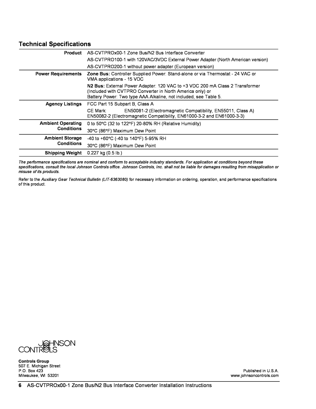 Johnson Controls AS-CVTPROx00-1 Technical Specifications, Product, Power Requirements, Agency Listings, Ambient Operating 