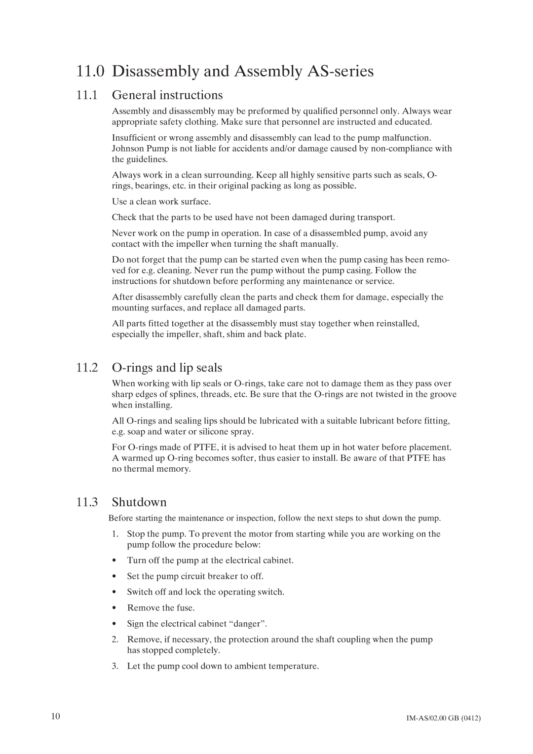 Johnson Controls Disassembly and Assembly AS-series, General instructions, Rings and lip seals, Shutdown 