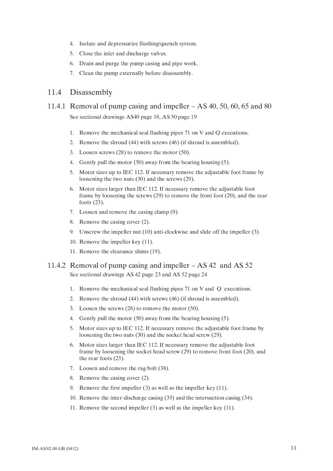 Johnson Controls instruction manual Disassembly, Removal of pump casing and impeller AS 40, 50, 60, 65 