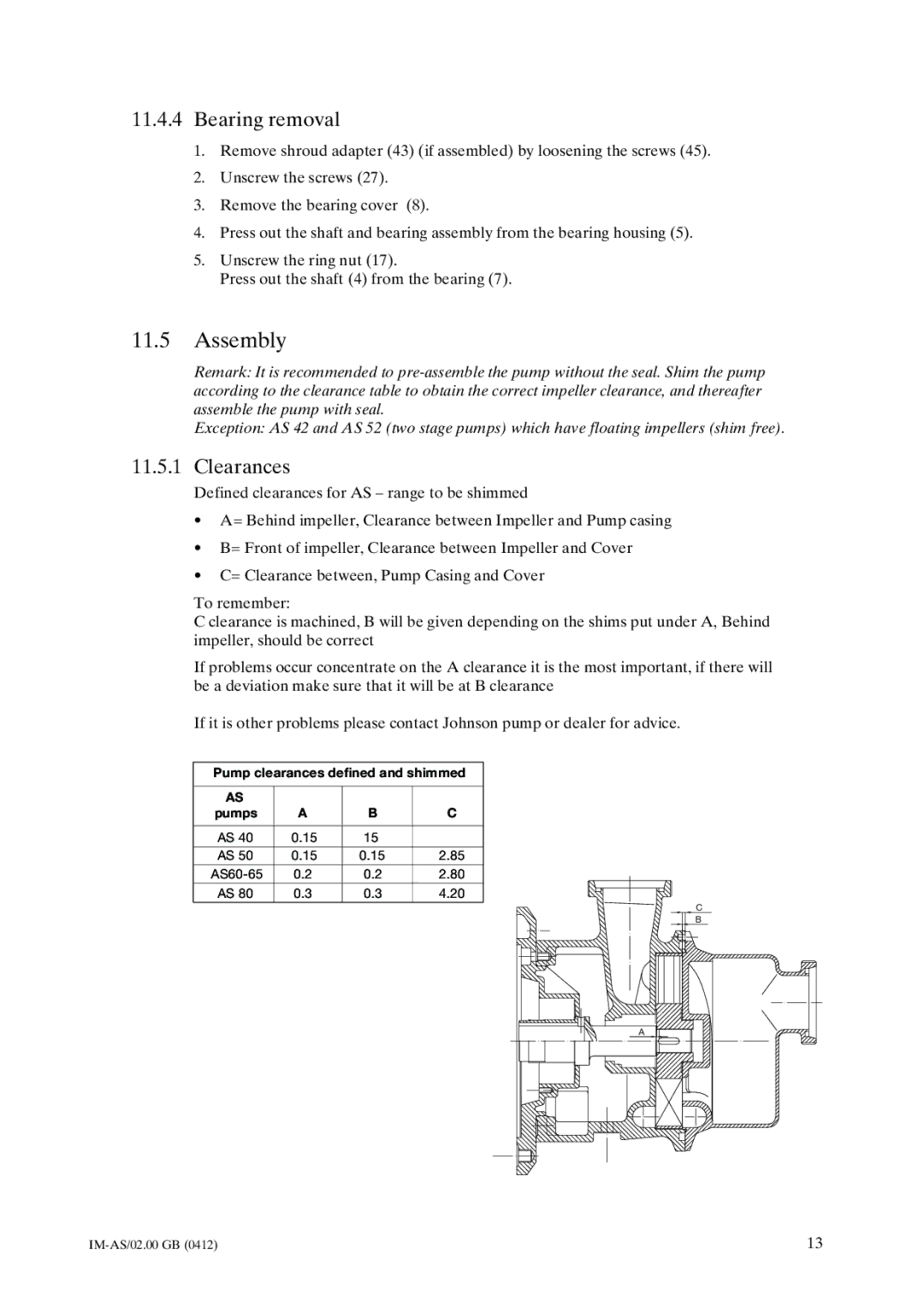 Johnson Controls AS instruction manual Assembly, Bearing removal, Clearances 