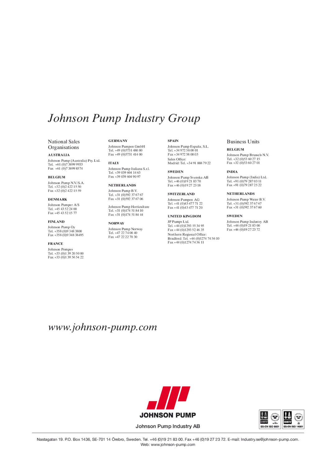 Johnson Controls AS instruction manual Johnson Pump Industry Group 