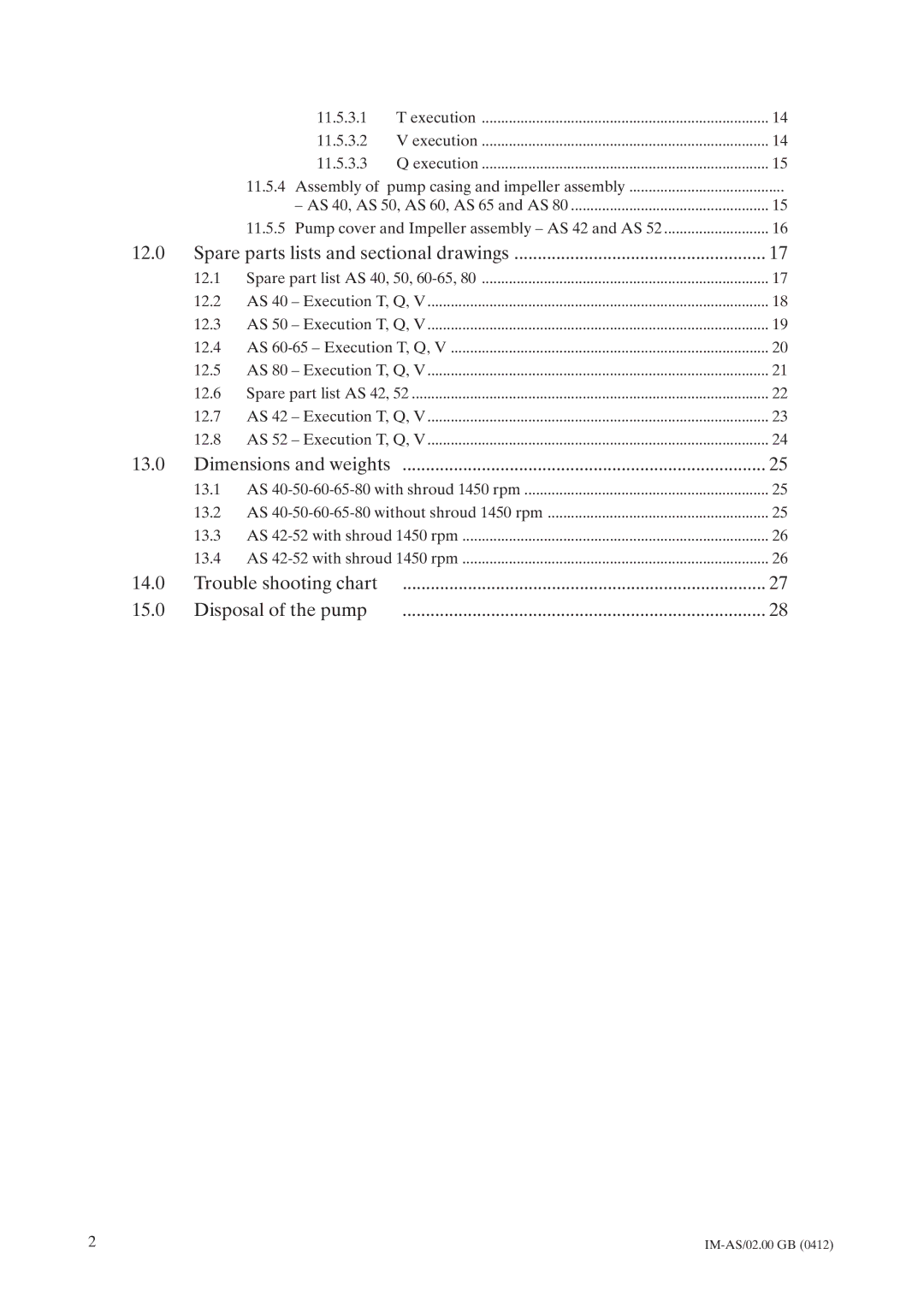 Johnson Controls AS instruction manual Trouble shooting chart 15.0 Disposal of the pump 