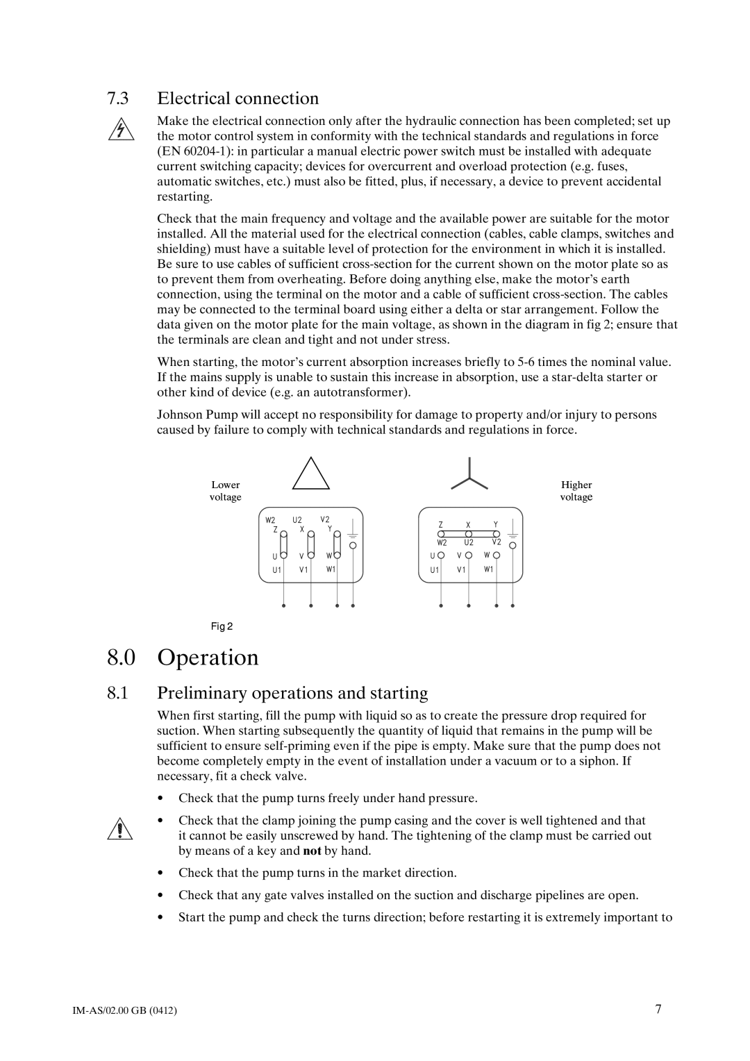 Johnson Controls AS instruction manual Operation, Electrical connection, Preliminary operations and starting 