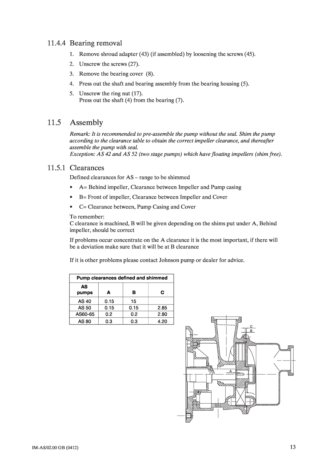 Johnson Controls AS instruction manual 11.5Assembly, 11.4.4Bearing removal, Clearances 