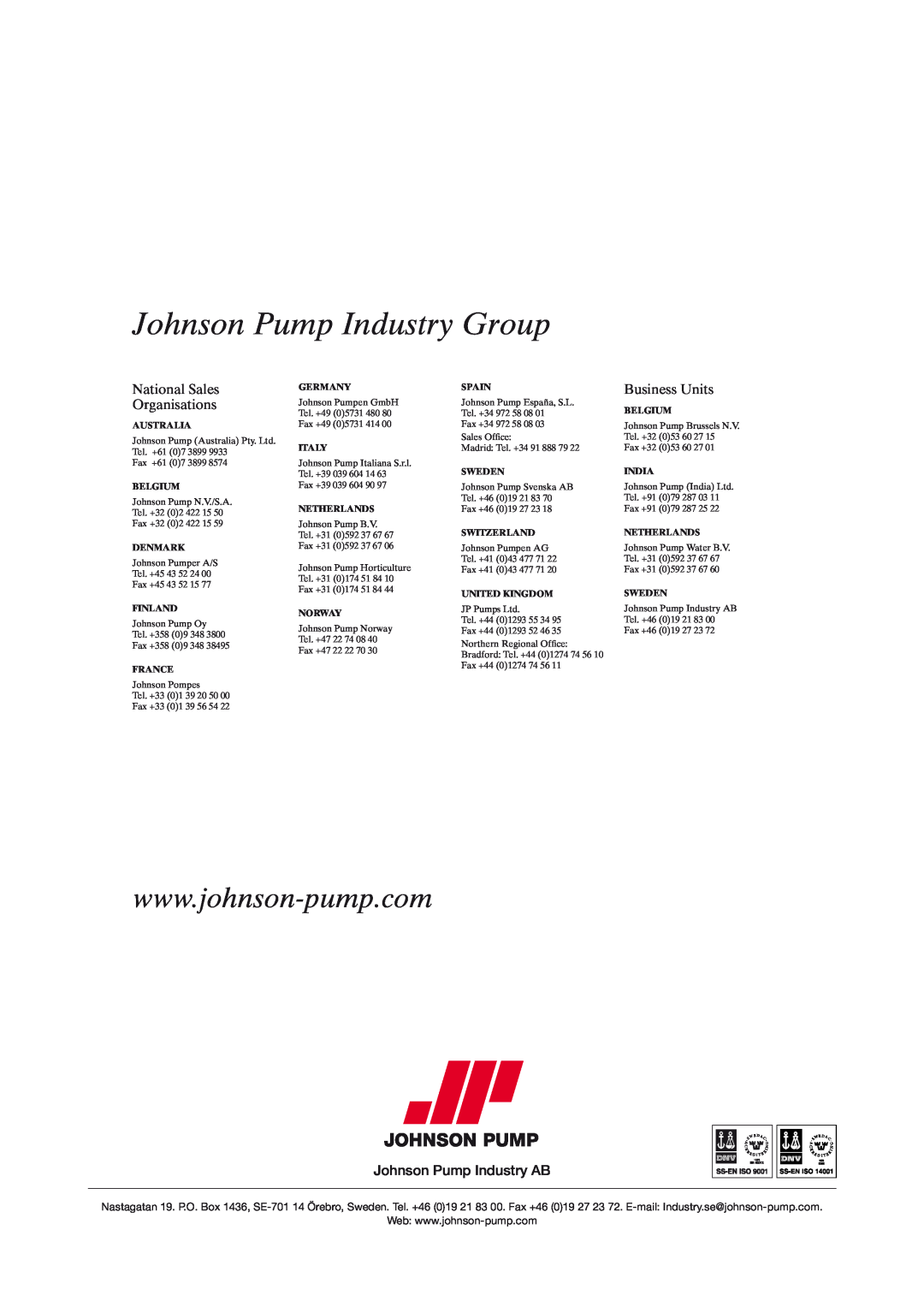 Johnson Controls AS instruction manual Johnson Pump Industry Group, National Sales, Business Units, Organisations 