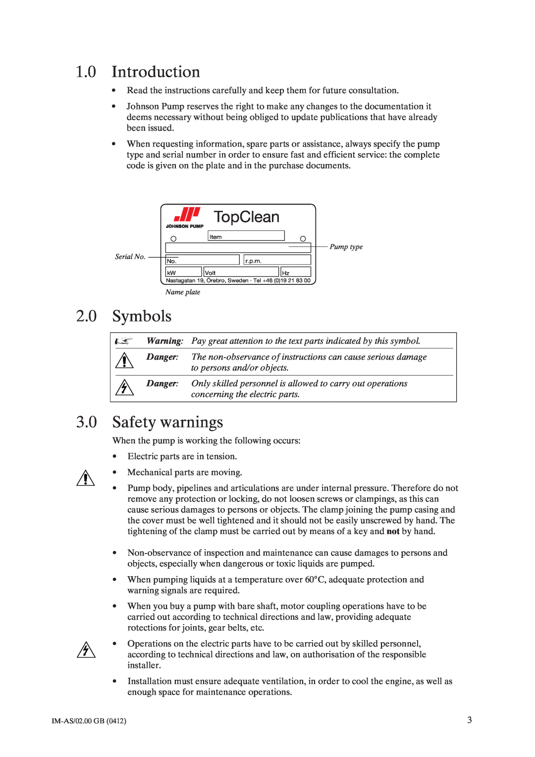 Johnson Controls AS instruction manual 1.0Introduction, Symbols, Safety warnings, TopClean 