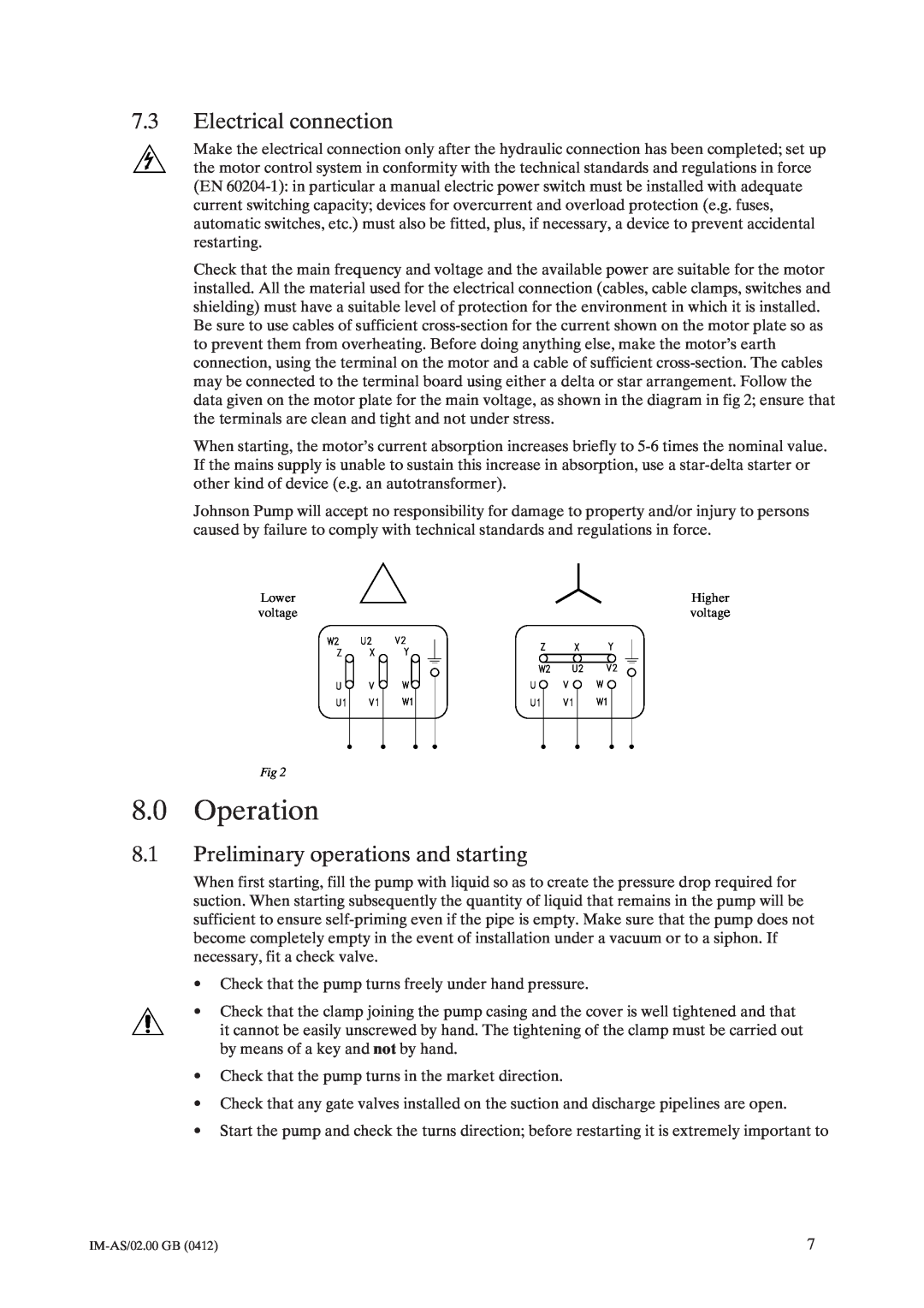 Johnson Controls AS instruction manual 8.0Operation, 7.3Electrical connection, 8.1Preliminary operations and starting 