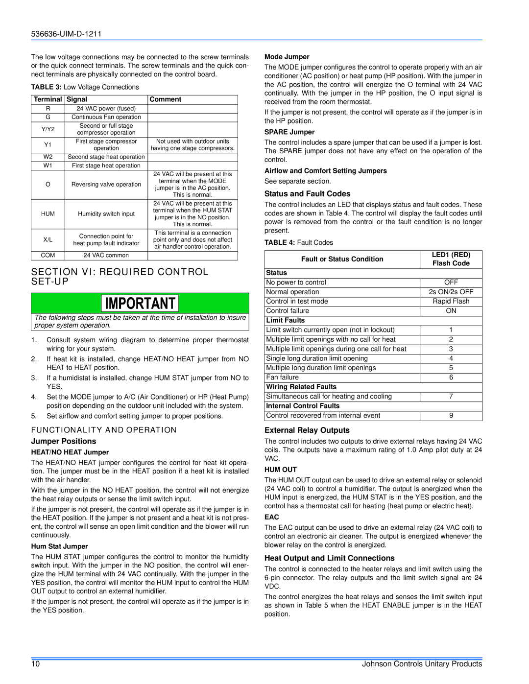 Johnson Controls AV*(C) Series installation manual Section VI Required Control SET-UP, Functionality and Operation 