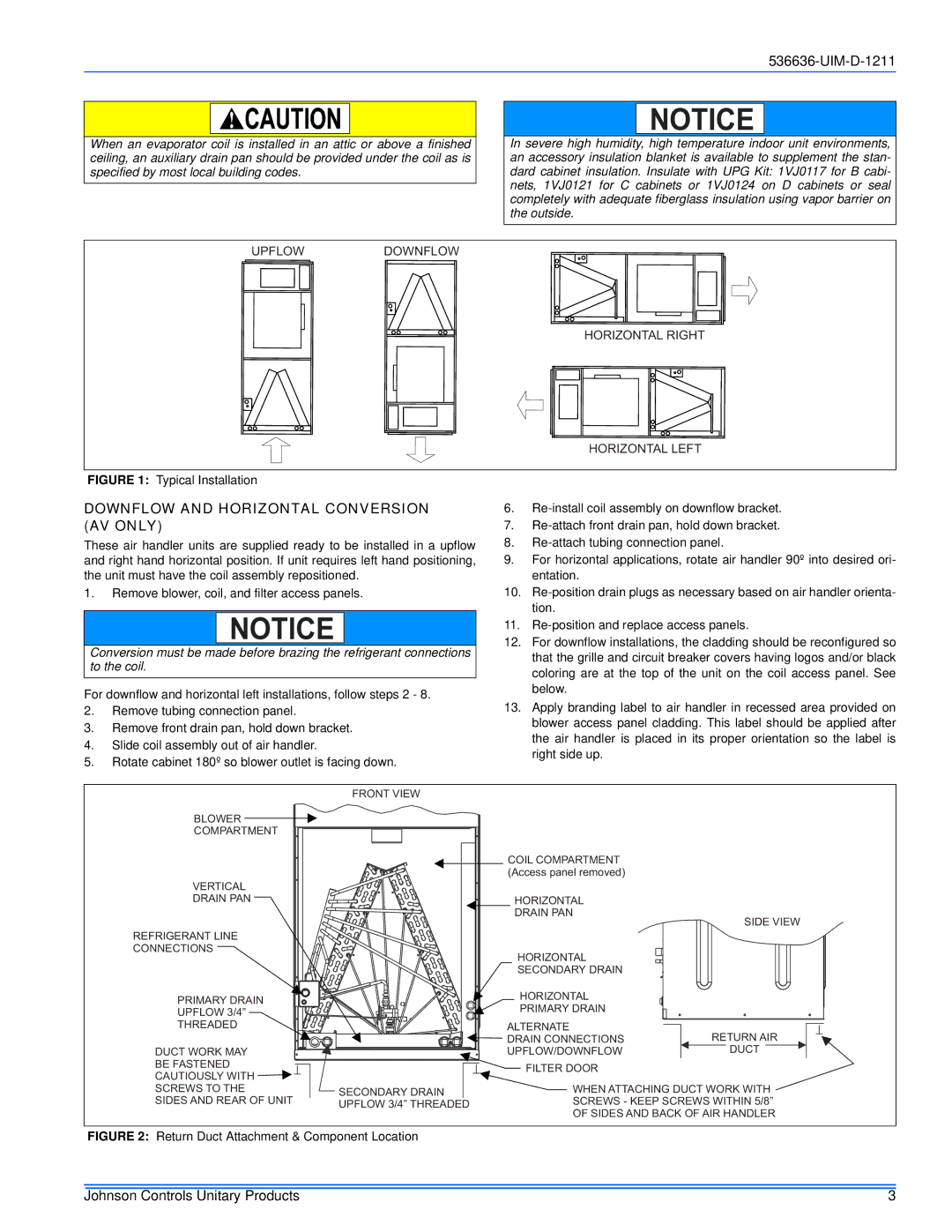 Johnson Controls AV*(C) Series installation manual Downflow and Horizontal Conversion AV only, Typical Installation 