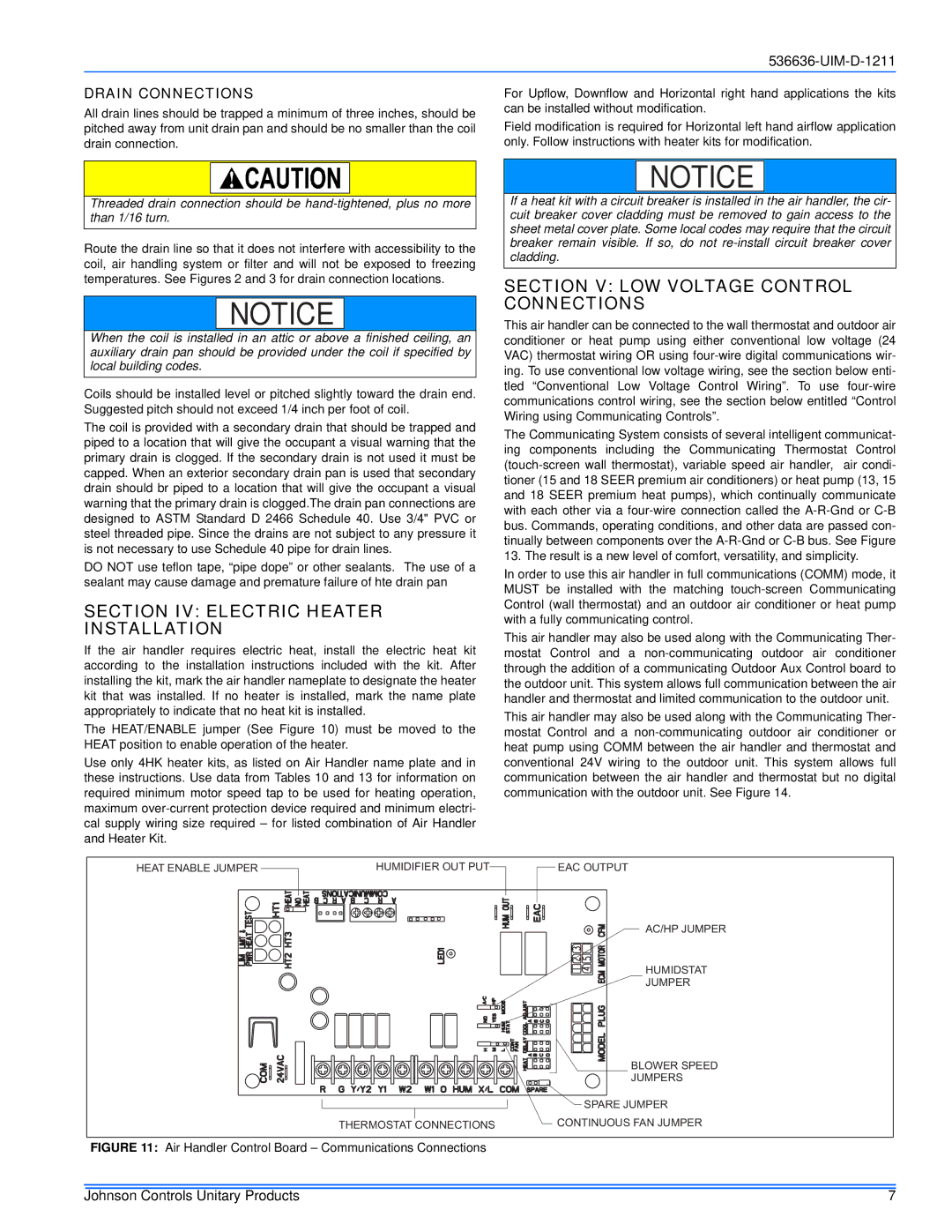 Johnson Controls AV*(C) Series Section IV Electric Heater Installation, Section V LOW Voltage Control Connections 