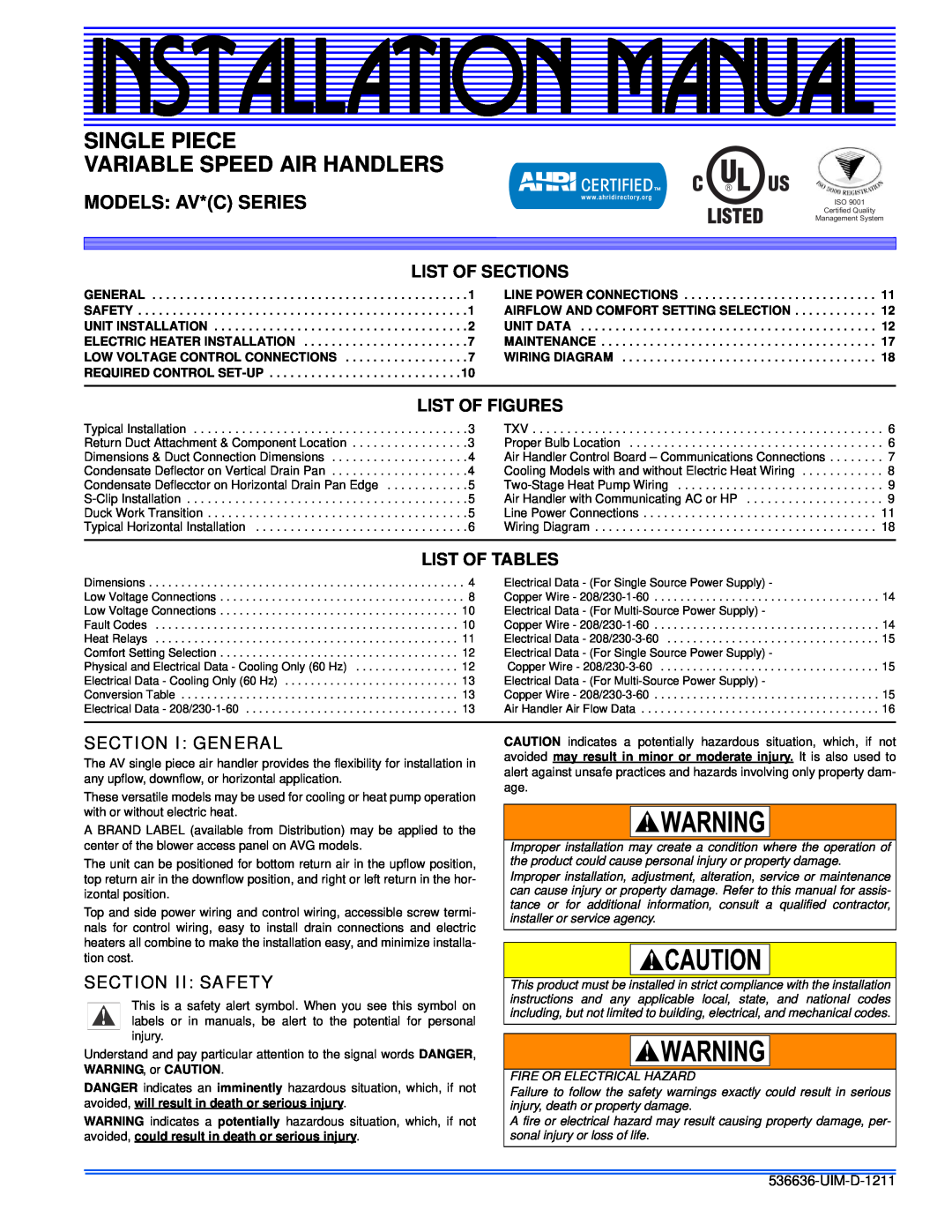 Johnson Controls AV*(C) Series installation manual List Of Sections, List Of Figures, List Of Tables, Section I General 