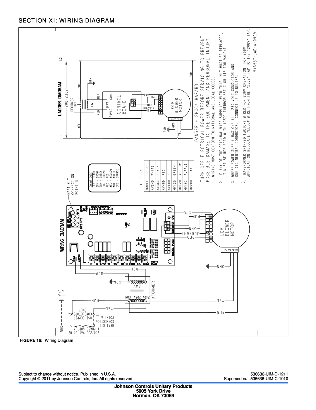 Johnson Controls AV*(C) Series Section Xi Wiring Diagram, Johnson Controls Unitary Products 5005 York Drive, Norman, OK 