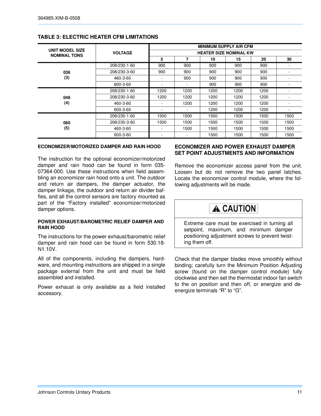 Johnson Controls BQ 048, BQ 060, BQ 036 installation manual Electric Heater CFM Limitations 