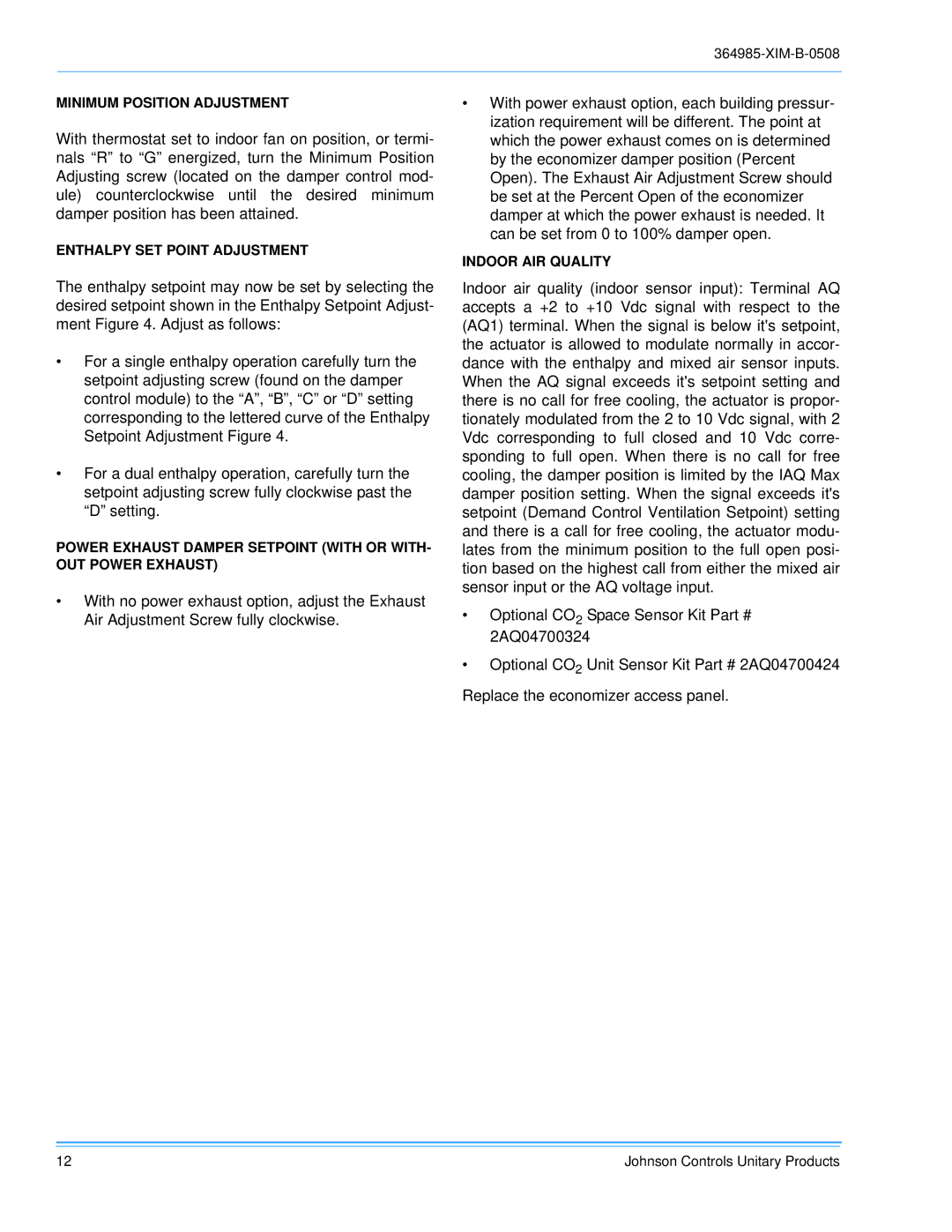 Johnson Controls BQ 060, BQ 036, BQ 048 installation manual Minimum Position Adjustment 