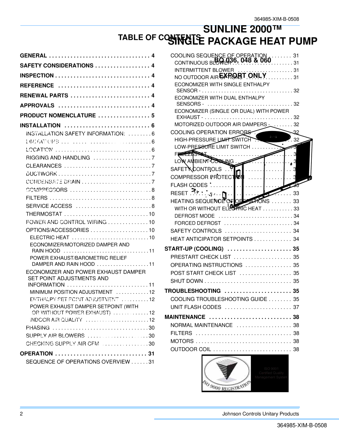 Johnson Controls BQ 048, BQ 060, BQ 036 installation manual Table of Contents 