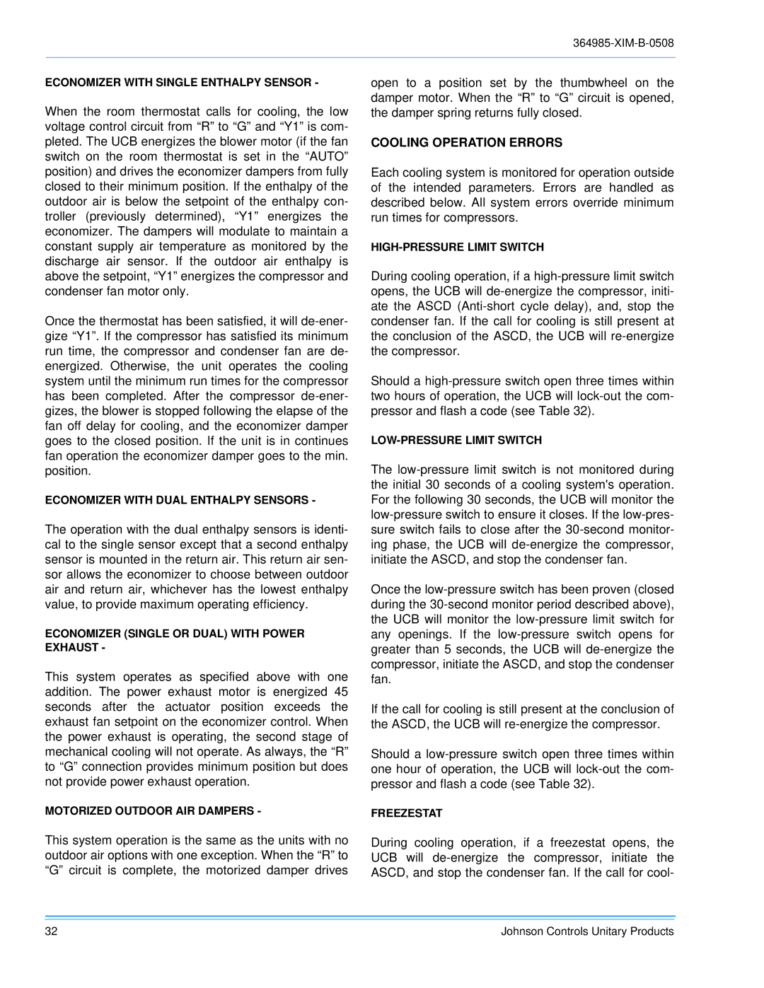 Johnson Controls BQ 048, BQ 060, BQ 036 installation manual Cooling Operation Errors 