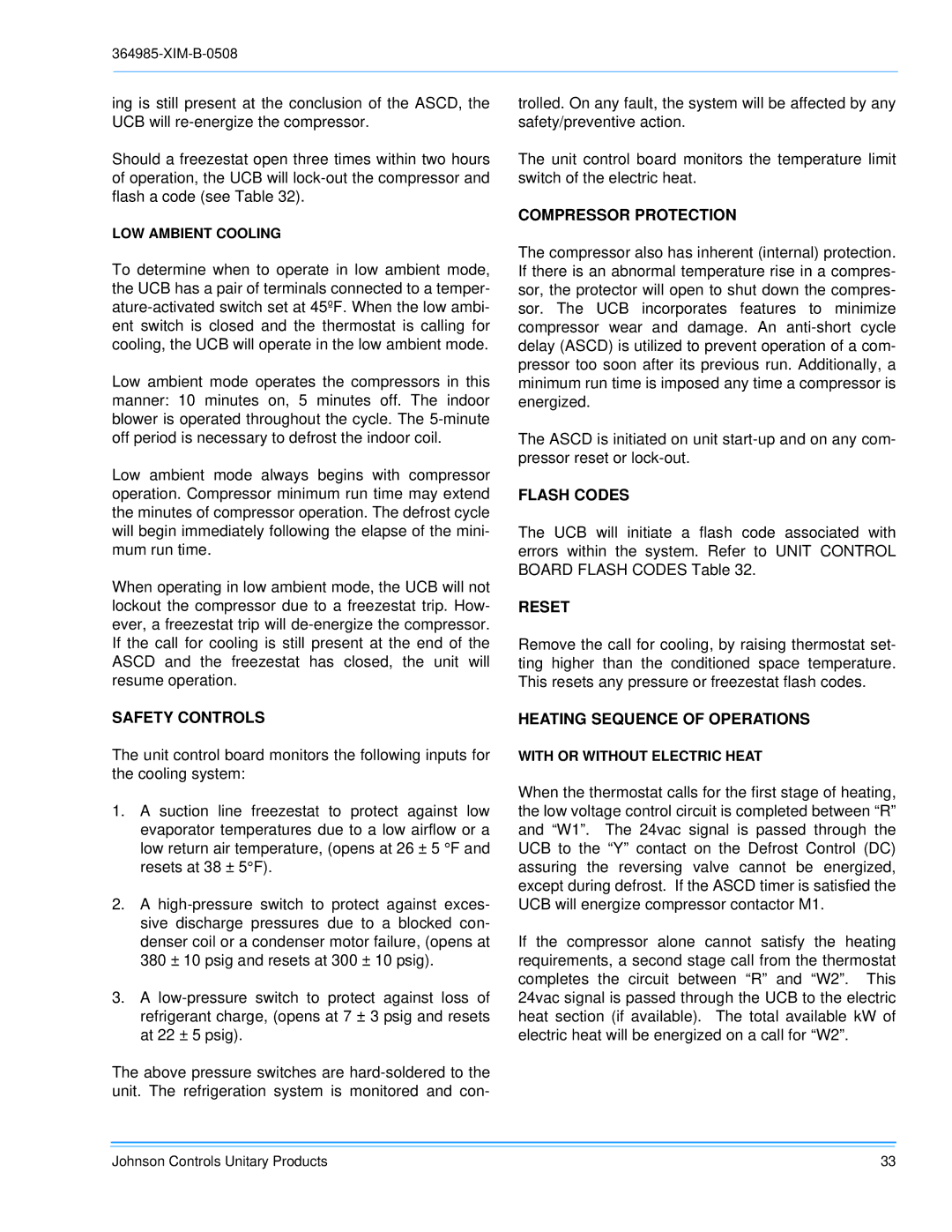 Johnson Controls BQ 060, BQ 036 Safety Controls, Compressor Protection, Flash Codes, Reset, Heating Sequence of Operations 