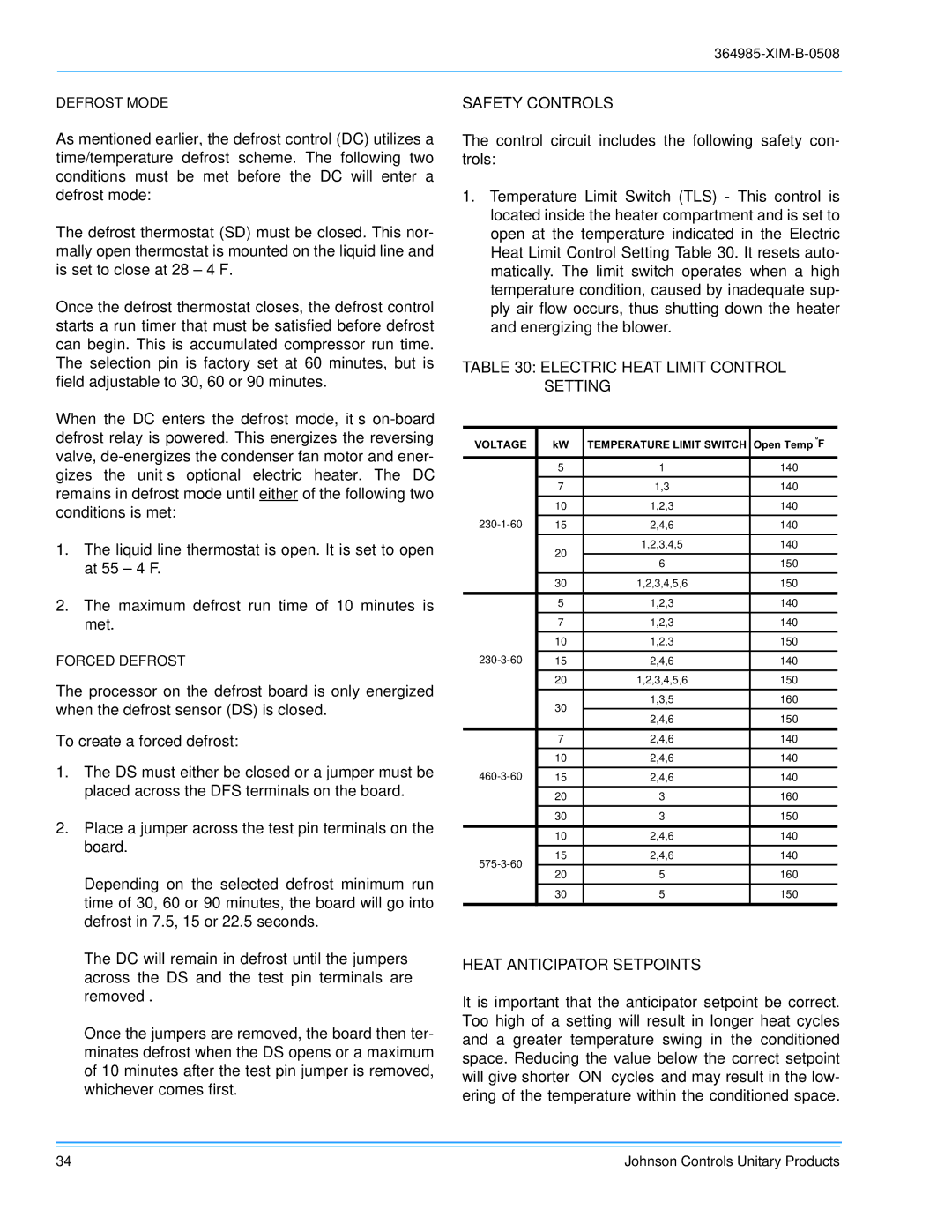 Johnson Controls BQ 036, BQ 060, BQ 048 installation manual Electric Heat Limit Control Setting, Heat Anticipator Setpoints 