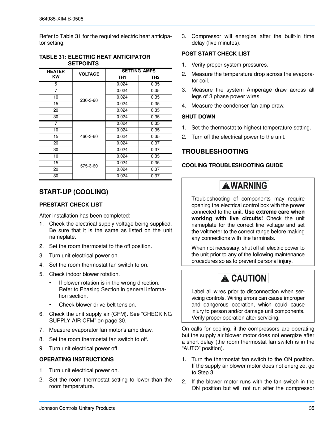 Johnson Controls BQ 048, BQ 060, BQ 036 installation manual START-UP Cooling, Troubleshooting 