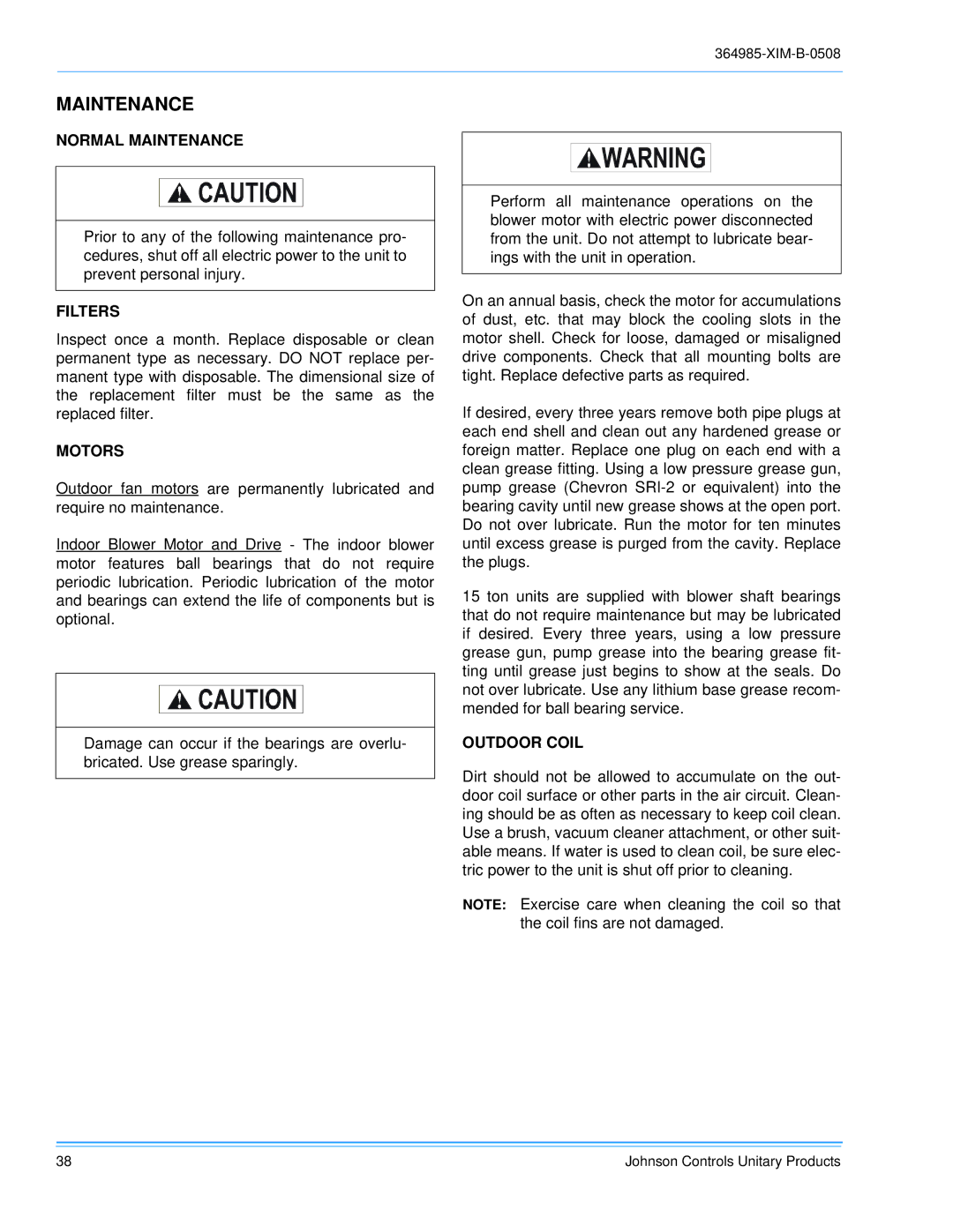 Johnson Controls BQ 048, BQ 060, BQ 036 installation manual Normal Maintenance, Motors, Outdoor Coil 