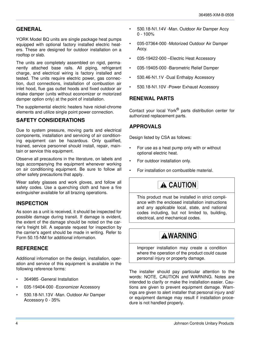 Johnson Controls BQ 036, BQ 060, BQ 048 General, Safety Considerations, Inspection, Reference, Renewal Parts, Approvals 