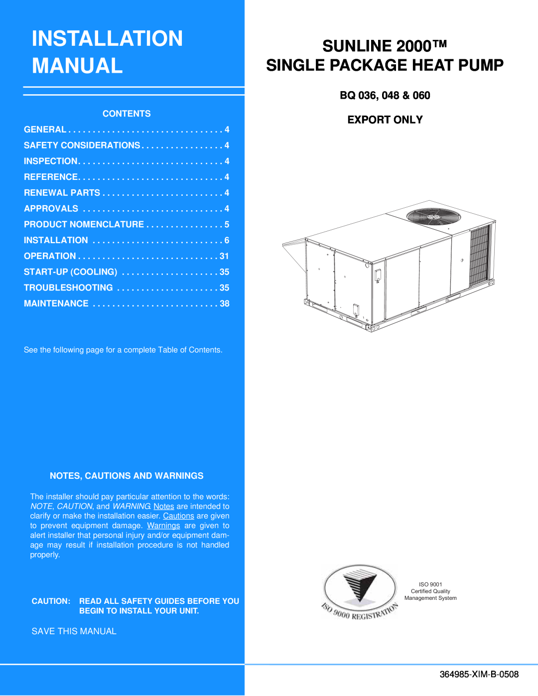 Johnson Controls BQ 036 installation manual Installation, Manual, Sunline, Single Package Heat Pump, Bq, Export Only 