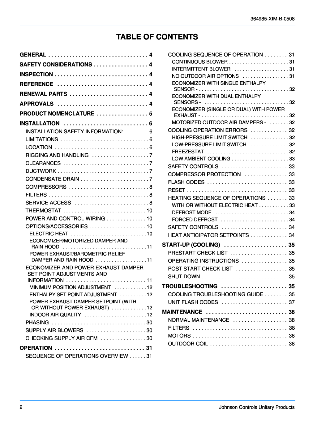 Johnson Controls BQ 048, BQ 060, BQ 036 Table Of Contents, Sequence Of Operations Overview, Cooling Sequence Of Operation 