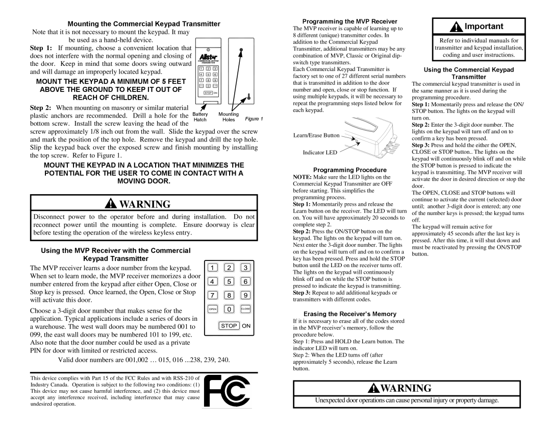 Johnson Controls CKT-240 Mounting the Commercial Keypad Transmitter, Programming the MVP Receiver, Programming Procedure 