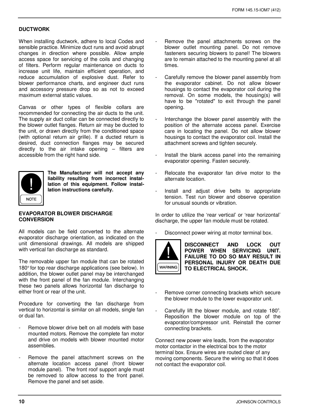 Johnson Controls CSV060B-240B installation instructions Ductwork, Evaporator Blower Discharge Conversion 