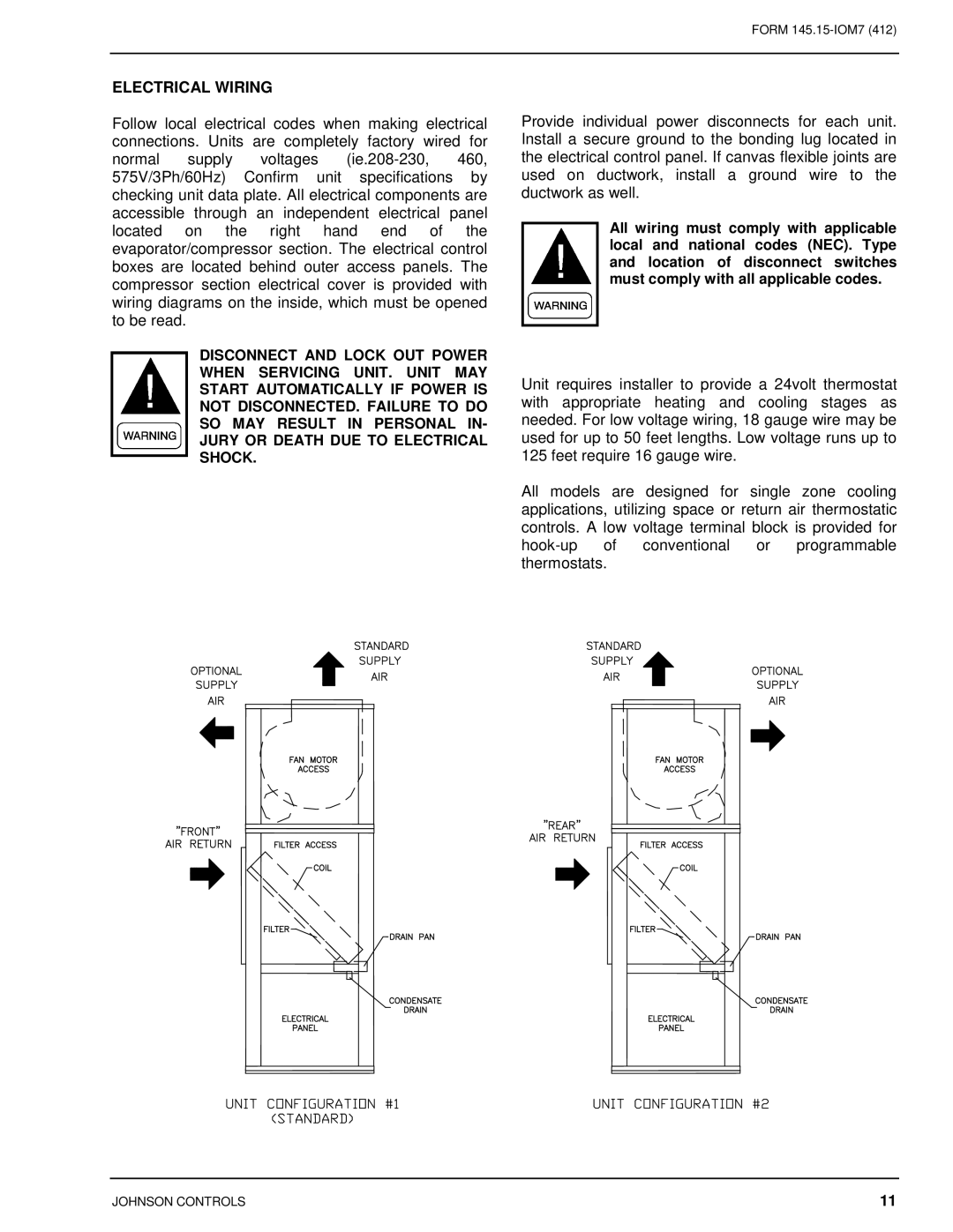 Johnson Controls CSV060B-240B installation instructions Electrical Wiring 