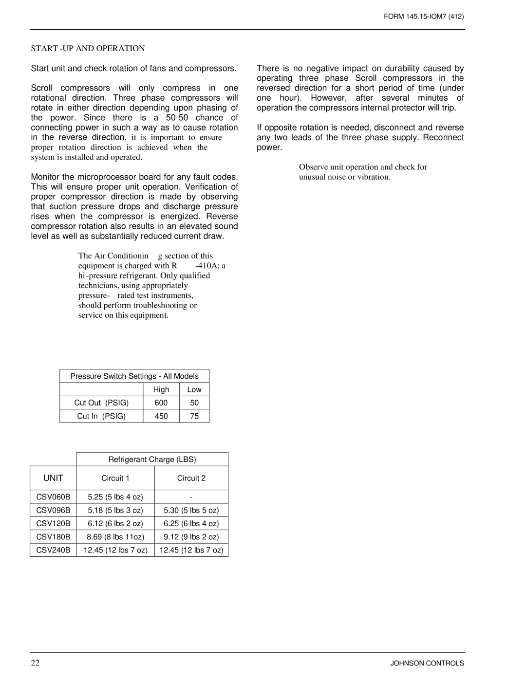 Johnson Controls CSV060B-240B installation instructions START-UP and Operation, Unit 