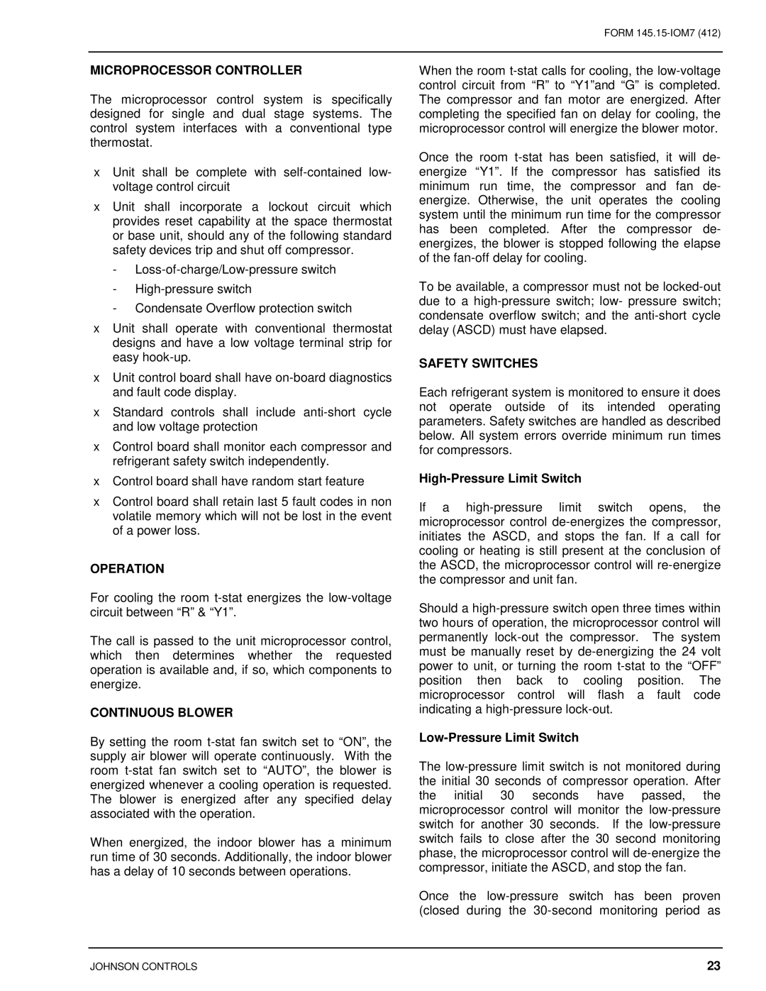 Johnson Controls CSV060B-240B Microprocessor Controller, Operation, Continuous Blower, Safety Switches 