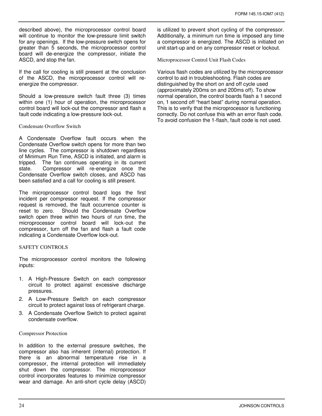 Johnson Controls CSV060B-240B installation instructions Condensate Overflow Switch, Safety Controls 