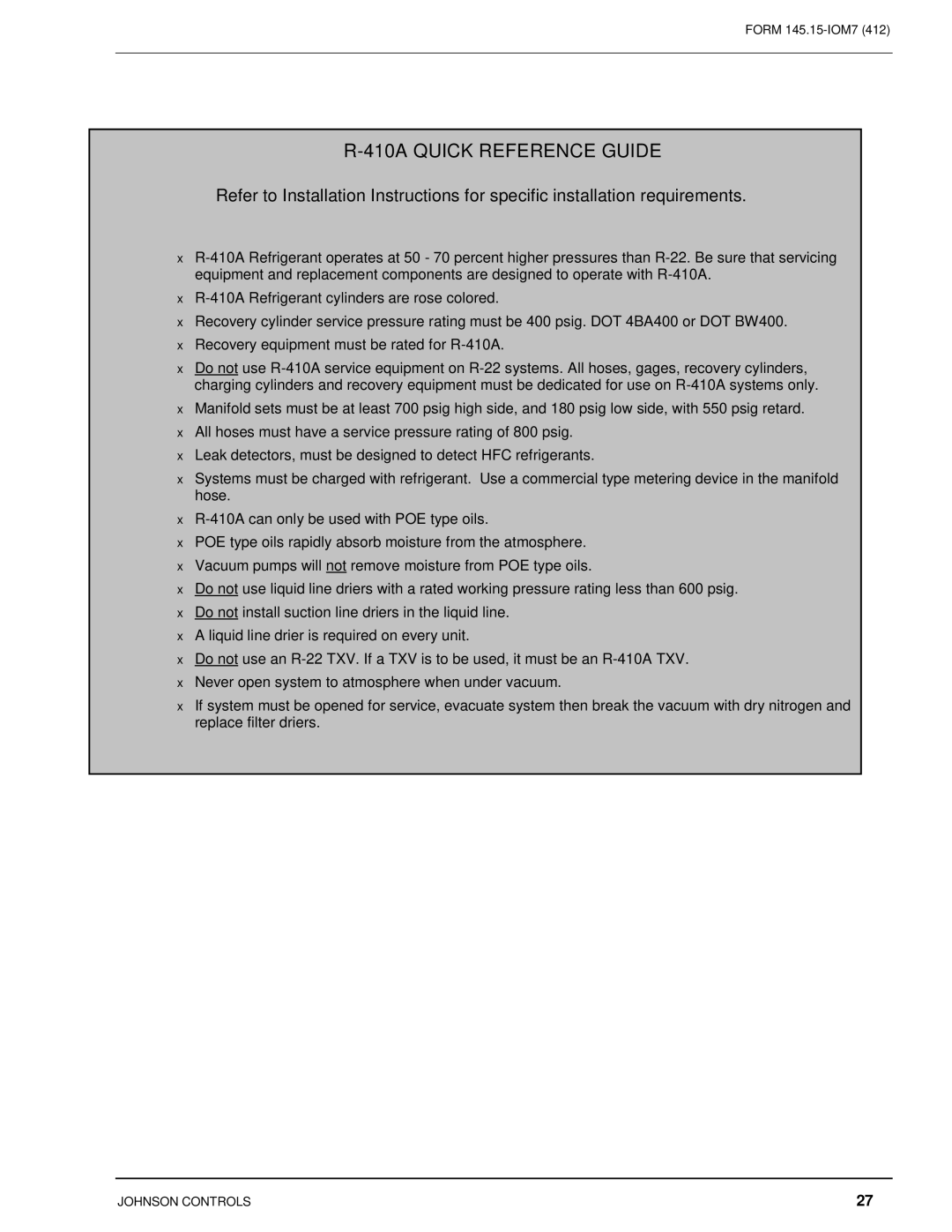 Johnson Controls CSV060B-240B installation instructions 410A Quick Reference Guide 