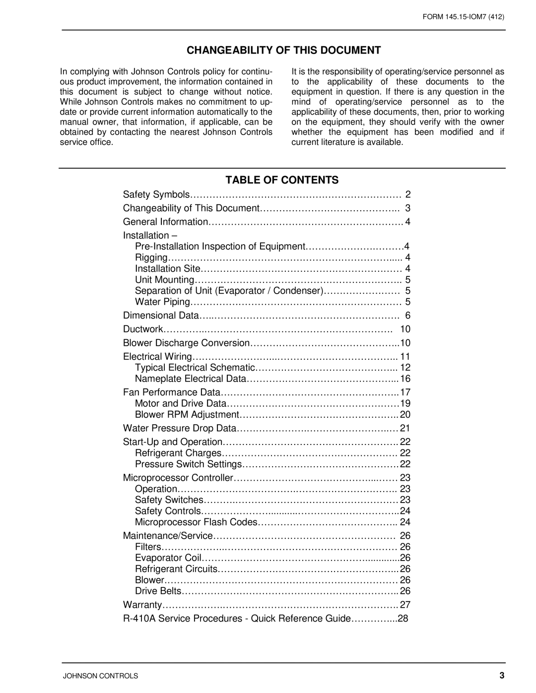 Johnson Controls CSV060B-240B installation instructions Changeability of this Document 