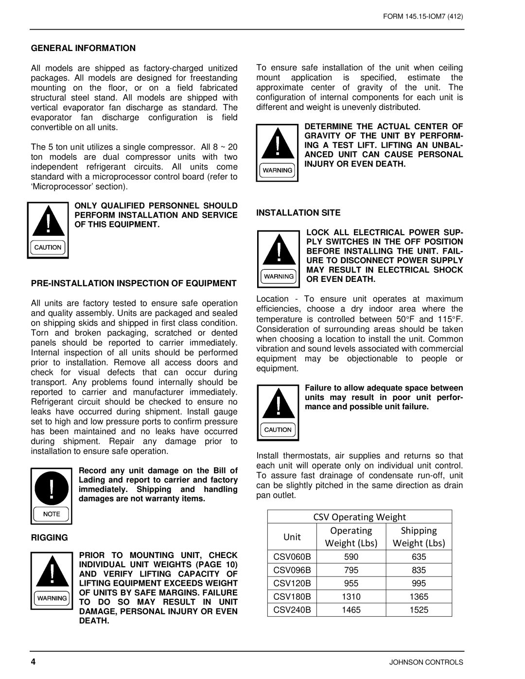 Johnson Controls CSV060B-240B installation instructions CSV Operating Weight Unit Shipping Weight Lbs, General Information 